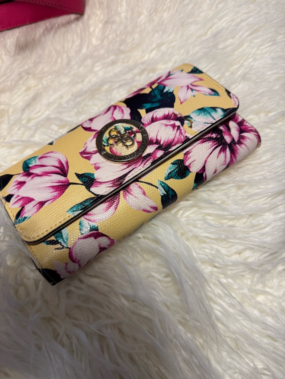Floral Yellow Trifold Wallet with Gold Emblem